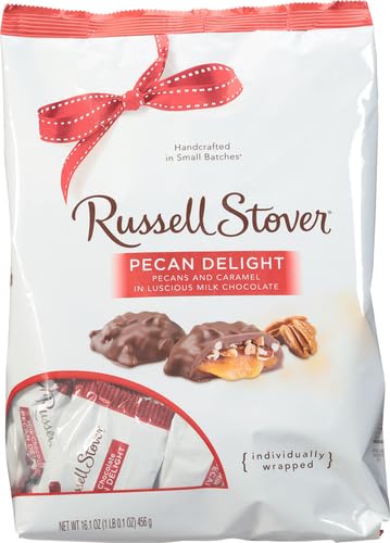 Russell Stover Pecan Delight Gusset Bag 16.10 Ounce Russel Stover Milk Chocolate Covered Candy Pack, Crunchy Pecans and Buttery Caramel Covered In Sweet Milk Chocolate Candy, Individually Wrapped | Individually Wrapped Pieces, Crunchy Pecans, Buttery Car…
