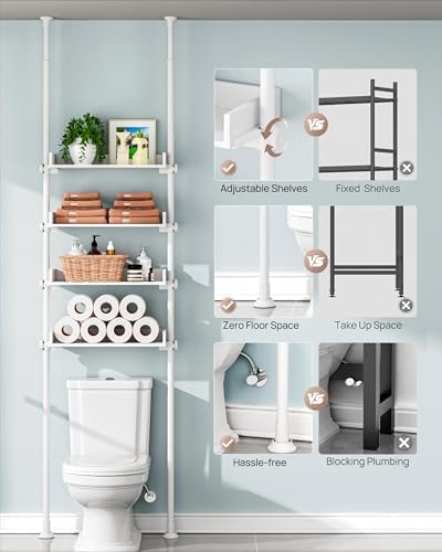 ALLZONE Bathroom Organizer, Over The Toilet Storage, 4-Tier Adjustable Wood Shelves for Small Rooms, Saver Space Rack, 92 to 116 Inch Tall
