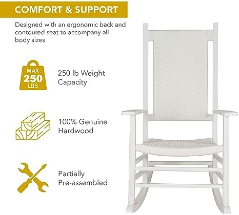 Shine Company Hampton Porch Rocker, High Back Wood Rocking Chair, Rattan Backrest & Seat, White