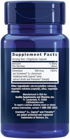 Life Extension Optimized Chromium with Crominex 3+, 500 mcg, 60 Capsules | Glucose Health Support, Gluten-Free, Non-GMO & Vegetarian