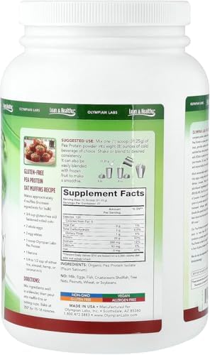 Olympian Labs Plant Based Pea Protein Powder, Unflavored - 25g of Protein, Vegan, Low Net Carbs, Gluten Free, Lactose Free, No Sugar Added, Soy Free