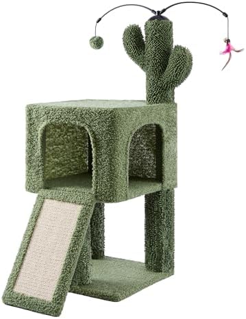 32" Cat Tree for Indoor Cats, 2-in-1 Cat House with Sisal Scratching Post & Ramp, 2-Level Cat Tower with Rotatable Feather & Ball Toys, Stable Grey Cat Condo for Small/Medium Cats, Grey