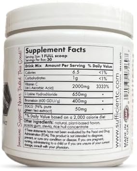 Sufficient-C High Dose Non-GMO Vitamin C Lemon Peach Immune-Ade Drink Mix, Convenient 125 Gram Size w/L-lysine