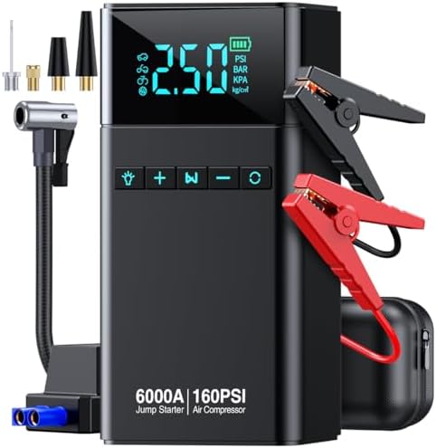 10-in-1 Portable Car Battery Jump Starter with Air Compressor, 6000A 160PSI Portable Car Jumper Starter (All Gas 12L Diesel)