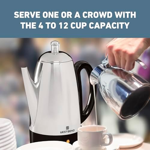 West Bend Electric Percolator Classic Style Coffee Maker with Heat Resistant Handle Base and Detachable Cord with Stainless Steel Stem and Basket