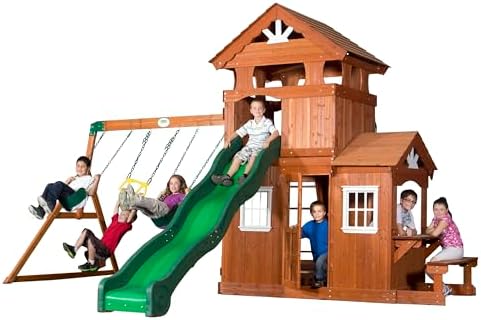 Backyard Discovery Shenandoah Cedar Wood Swing Set with Wave Slide, Raised Clubhouse, Playhouse, Play Kitchen, Belt Swings, Trapeze, Rock Wall, Ladder