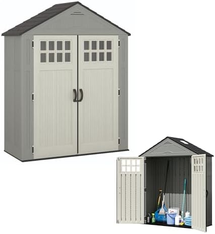 Suncast Everett 6x3 ft Vertical Storage Shed - Resin Outdoor Garden Shed with Floor, Windows