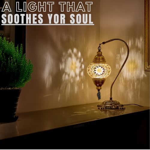 DEMMEX Turkish Table Lamp Moroccan Bedside Light Handmade Tiffany Mosaic Glass Boho Artisan Accent Lighting for Bedroom Living Room, Antique Brass Finish – 15" H, Multicolor