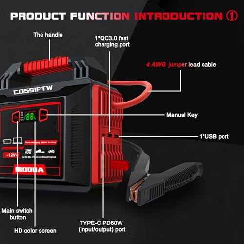 Heavy Duty Trucks 18000A 12V Car Jump Starter Portable Power Bank with PD 60W Two-Way Fast-Charging, Battery Booster Pack for Truck, Diesel, RV, SUV