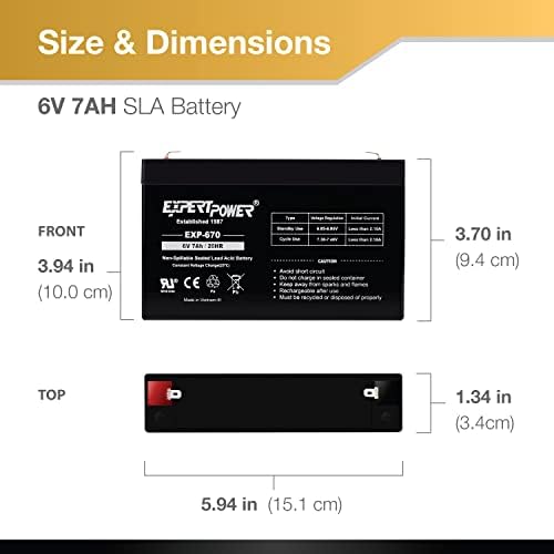 ExpertPower EXP670-6V 7Ah Rechargeable 6V Battery for Ride On Toys, Emergency Light, Replacement for PEA6V65F3, Enduring 3FM7, UB670 Sealed Lead Acid (SLA) 6 Volt Battery with F1 Terminal