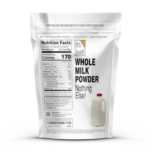 It's Just - Whole Milk Powder, 2lbs, rBST/rBGH Hormone Free, Shelf Stable, Just Add Water, Made in USA, Dry Milk Powder, 32oz