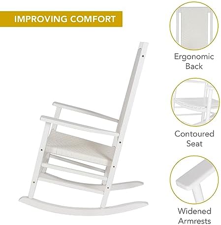 Shine Company Hampton Porch Rocker, High Back Wood Rocking Chair, Rattan Backrest & Seat, White