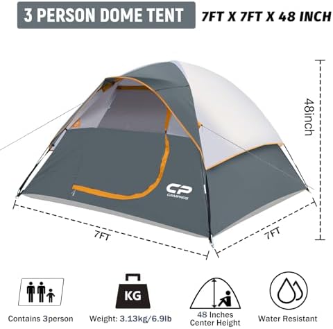 CAMPROS CP 3 Person Tent, Waterproof Dome Tents for Camping with Rainfly