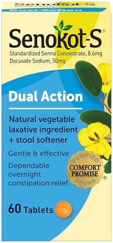 Senokot-S Dual Action 60 Tablets, Natural Vegetable Laxative Ingredient Plus Stool Softener Tablets, Gentle Dependable Overnight Relief of Occasional constipation White