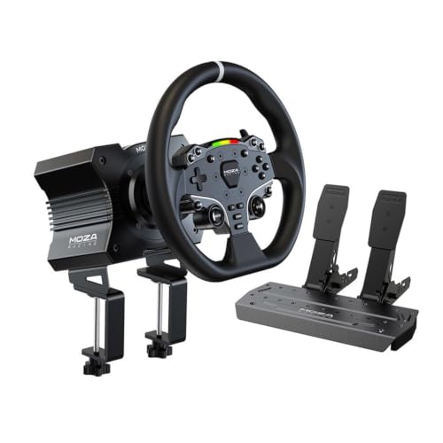 MOZA R5 All-in-One PC Gaming Racing Simulator 3PCS Bundle: 5.5Nm Direct Drive Wheel Base, 11-inch Racing Wheel, Anti-Slip Pedals and a Desk Clamp