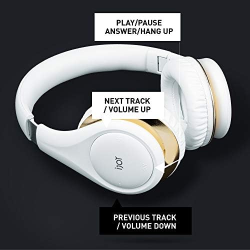 iJoy ISO Bluetooth 5.0 Wireless Over Ear Foldable Stereo Headphones with 30 Hours Battery and Built-in Microphone, (White/Gold)