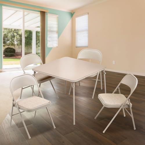 Sudden Comfort 5 Piece 34 x 34 Inch Square Folding Dining Card Table, Tan | with 4 Padded Folding Chairs Furniture Set for Gatherings and Games