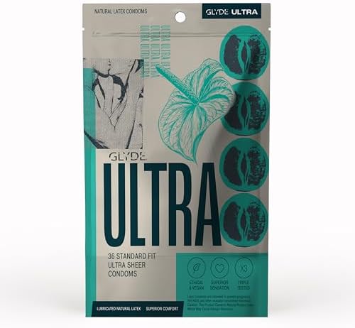 GLYDE Ultra Standard Fit Condoms - Ultra-Thin Medium Size - 12 Count, 53mm | Fragrance-Free, Lightly Lubricated, Body-Friendly, Vegan Formula Condoms, Strong and Secure Fit for Comfort and Natural Feel