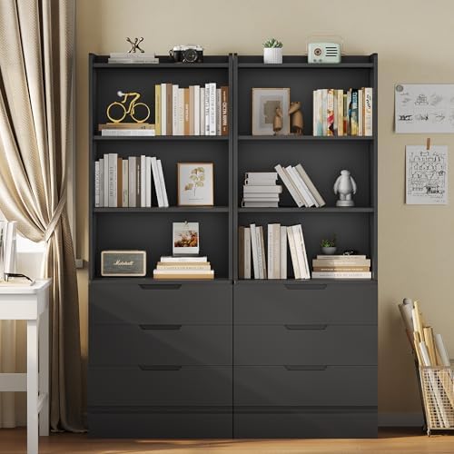 DICTAC 73.23'' Tall Storage Cabinet Bookcase with 3 Drawers and 3-Tier Open Shelves Wooden Bookshelf Kitchen Pantry Storage Organizer Cabinets for Living Room, Study, Kitchen,Bathroom,White