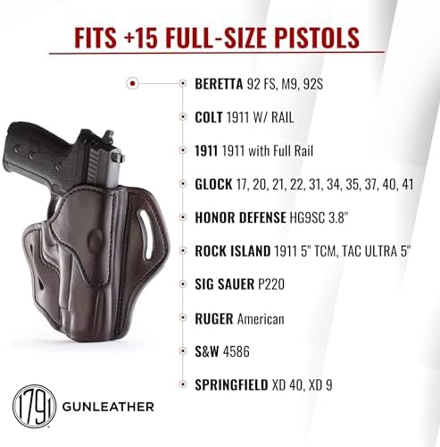 1791 Gunleather OWB Holster, Fits Sig P226, P220, P229, Beretta 92FS, VP9 | Right-handed leather gun holster also fits Beretta M9, Glock 17, 20, 21, 22, Springfield XD and 1911 with full rail