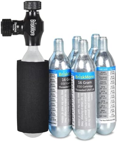 BriskMore CO2 Inflator Kits with 9X16g or 5 X 16g CO2 Cartridges, Presta and Schrader Valve Compatible, Bike Tire CO2 Pump, Included Insulated Sleeve