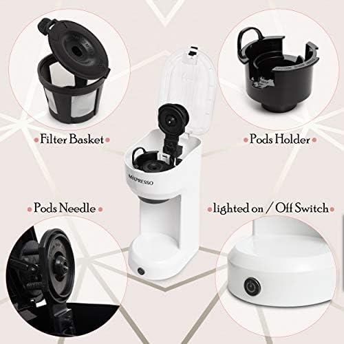 Mixpresso Single Serve Coffee Maker K Cup Coffee Maker for K Pods & Grounds | Compact 800W White Coffee Machine with 14 Oz Water Tank, Fast Brew & Auto Shut-Off, Small Design for Travel RV, Office& Dorm