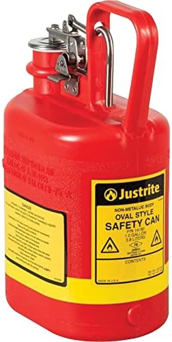Justrite 14160 1 Gallon Type I Red Oval Polyethylene Safety Can | 4 5/8" x 7 5/8" x 12 3/4"