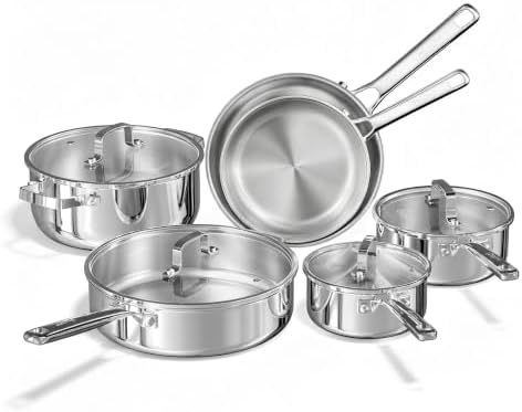 Tri-Ply Stainless Steel Cookware Set, 10pcs Pots and Pans Set Non Toxic | PFOA Free, Oven Safe to 900℉, Dishwasher Safe, All Cooktop Compatible