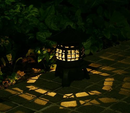 TIAAN Japanese Garden Lantern, “Yukimi-gata” Designed, Super Bright LED Illuminated Pagoda Light, Solar Power Garden Lantern， Stone-Look Finish