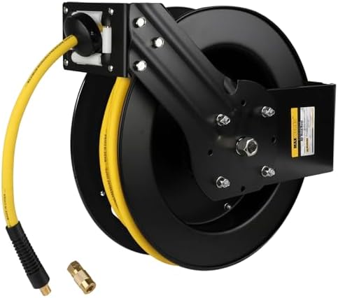 MaxWorks 50 Foot Auto Rewind Retractable Air Hose Reel with 3/8" Rubber Hose 250 PSI Heavy Duty Steel Spring Multi Position Ratchet and Solid Brass Fittings for Garage and Workshop (80720)