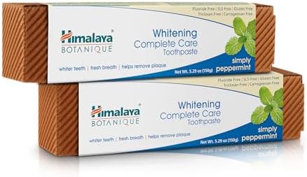 Himalaya Botanique Whitening Complete Care Toothpaste, Teeth Whitening, Fights Plaque, Fluoride Free, No Artificial Flavors, SLS Free, Cruelty Free, Foaming, Simply Mint Flavor, 5.29 Oz, 4 Pack
