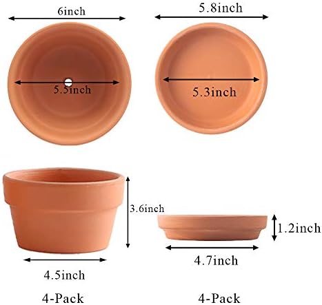 Yishang 6 Inch Terracotta Shallow Planters with Saucer/Tray, Ceramic Flower Clay Plant Pots with Drainage Hole