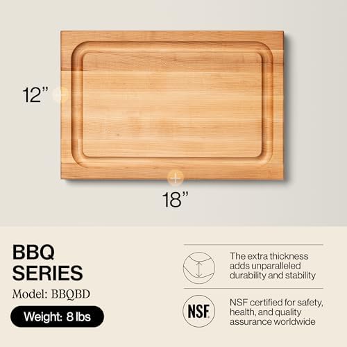 John Boos BBQ Series Rectangular Wooden Maple Cutting Board 18”x12” – 1.5” Thick, 8.5-lb Reversible Butcher Block with Juice Groove