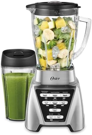 Oster Pro 1200 Smoothie Blender with Glass Jar & 24oz To-Go Cup, Countertop Kitchen Blender with 7 Speeds, 1200W Power, Brushed Nickel