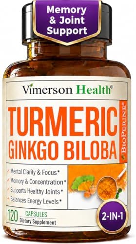 Ginko Biloba Capsules with Ginkgo Biloba 120mg & Organic Turmeric for Joint Support, Focus and Brain Health – Gingo Biloba Supplement with Black Pepper (Bioperine) for Max Absorption – 60 Count