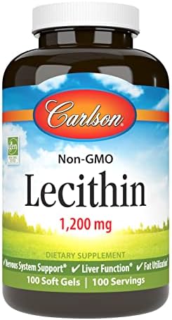 Carlson Lecithin, Non-GMO, 1200 mg, 100 Softgels | Nervous System Health; Liver Function; Unbleached Soy Lecithin