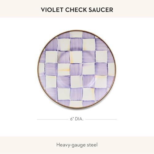 MACKENZIE-CHILDS Enamel Saucer, Black-and-White Courtly Check | Hand-painted design, made from enameled steel, small plate for a coffee cup or teacup, 6" dia.