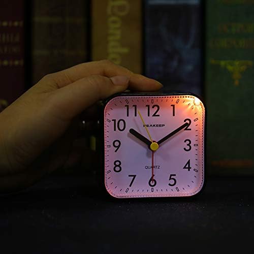 Peakeep Small Battery Operated Analog Travel Alarm Clock Silent | No Ticking, Lighted on Demand and Snooze, Beep Sounds, Gentle Wake, Ascending Alarm, Easy Set (Black)