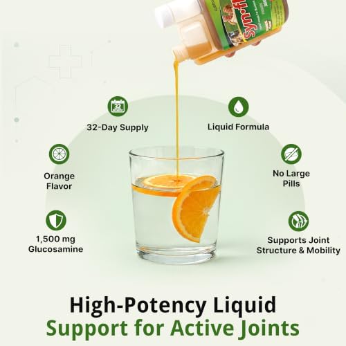 Synflex Joint Support Supplement 32-Day Supply 8oz | Liquid Glucosamine 1500mg & Chondroitin | HSA/FSA High Concentration Orange Flavor with White Willow Bark, Manganese & Boswellia for Men & Women