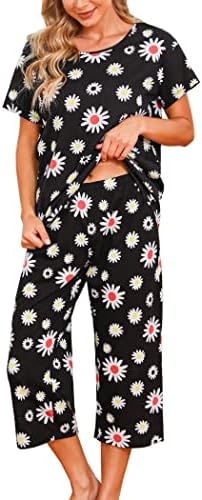 ENJOYNIGHT Womens Pajama Set Cotton Summer Pj Top with Capri Pant Sleepwear
