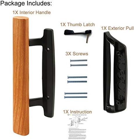 Mortise Style Reversible Sliding Patio Door Handle Set with Oak Wood Interior Handle and Exterior Pull in White Diecast Finish Fits 3-15/16” Screw