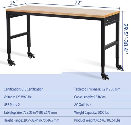 Workbench Adjustable 75' x 25', 2000 Lbs Load Capacity, 29.5"-38.4" Heights Garage Worktable with Universal Wheels & Power Outlet