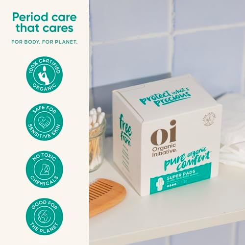 Oi | Organic Initiative - Ultra Thin Pads with Wings, 20 Count (10 Regular/10 Super) | 100% Certified Organic Cotton Pads, Unscented | Leak Free, Biodegradable Thin Pads for Women | Non-GMO, Non Toxic