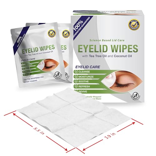 Lunovus Premium Eyelid Wipes With Tea Tree and Coconut Oil - Cleansing Wipes for People Itchy Eyes - Individually Wrapped - Box Of 30 Natural Eye
