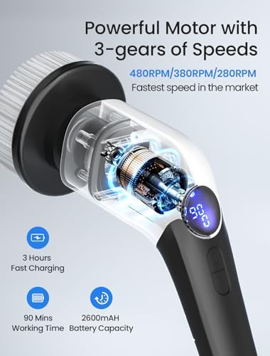 Keimi Electric Spin Scrubber, 2025 New Cordless Shower Cleaning Brush with 8 Replaceable Brush Heads, 3 Adjustable Speeds