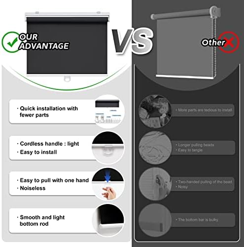 AOSKY Blackout Cordless Roller Shade for Indoor Windows, 23"W x 72"H, Black | Black Out Window Shade with Spring System