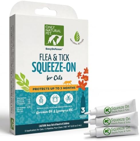 Only Natural Pet Flea and Tick Prevention for Cats - EasyDefense Flea Remedy - Natural Flea Care Control Squeeze-On Drops - Three Months Supply (1-Pack)