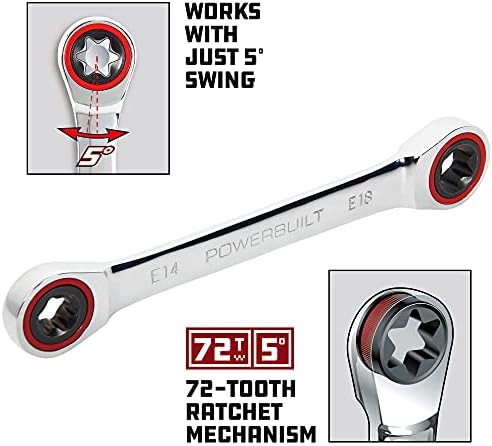 Powerbuilt E10/E12 Ratcheting Double Box-End E-Torx E-Star Wrench, 72-Tooth Ratcheting Wrench with 5-Degree Swing for Tight Spaces - 641760