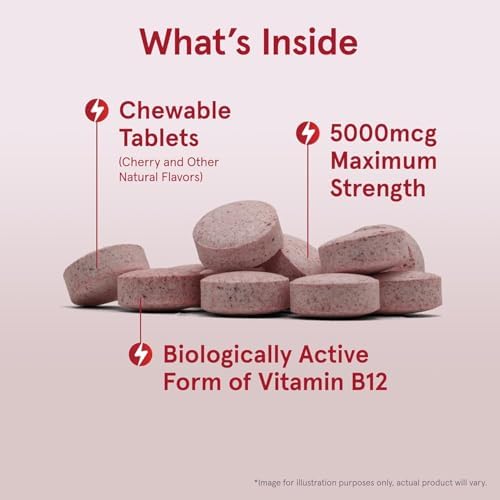 Jarrow Formulas Methyl Vitamin B12 5000 mcg - 60 Chewable Tablets, Naturally Fruit Flavored- Bioactive B12 Vitamin - Supports Cellular Energy Production, Brain Health & Metabolism - 60 Servings | Fruit Flavored, Bioactive B12 Vitamin, Supports Cellular E…