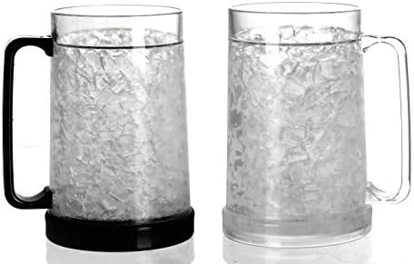 EASICOZI Double Wall Gel Frosty Freezer Ice Mugs Clear 16oz Set of 2 (Black and White)
